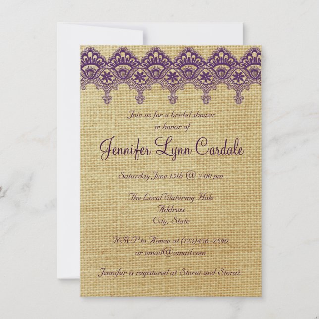 Burlap Purple Damask Lace Bridal Shower Invitation (Front)