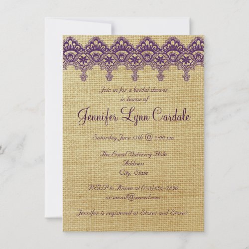 Burlap Purple Damask Lace Bridal Shower Invitation
