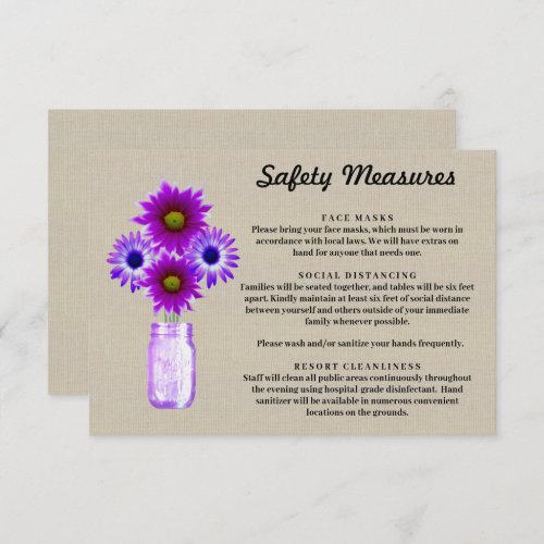 Burlap Purple Floral Mason Jar Safety Measures Enclosure Card