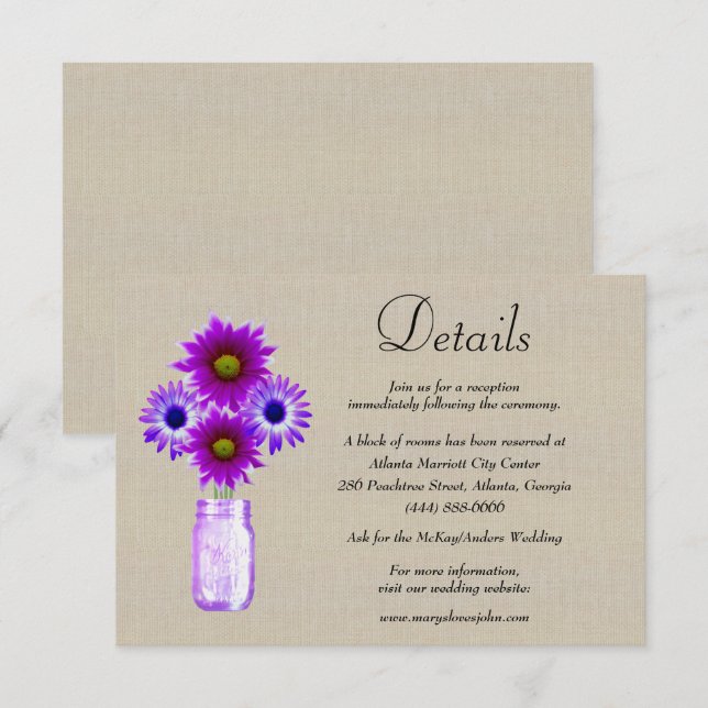 Burlap Purple Floral Mason Jar Wedding Details Enclosure Card (Front/Back)