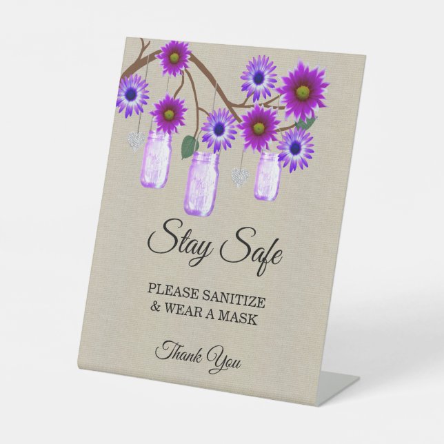 Burlap Purple Floral Mason Jar Wedding Safety  Pedestal Sign (Front)