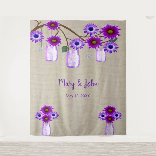 Burlap Purple Floral Mason Jars Photo Backdrop (Front)