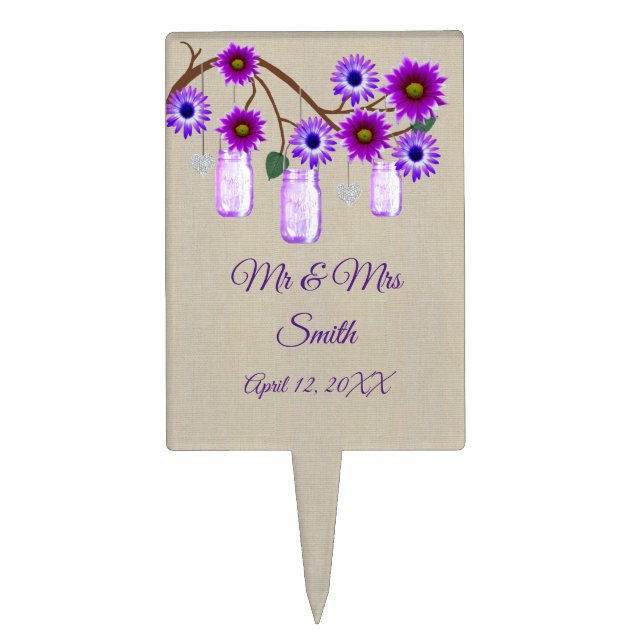 Burlap Purple Floral Mason Jars Wedding Cake Topper (Front)