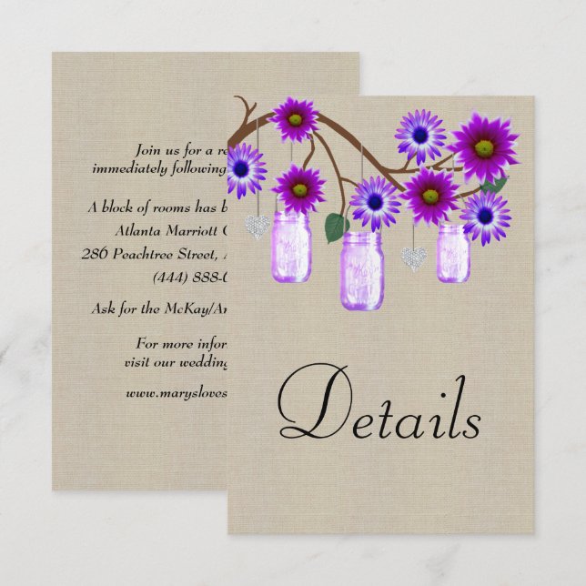 Burlap Purple Floral Mason Jars Wedding Details Enclosure Card (Front/Back)