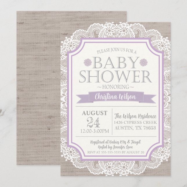 Burlap Purple & Lace Baby Shower Invitation (Front/Back)