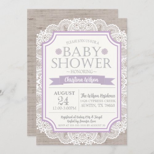 Burlap Purple  Lace Baby Shower Invitation