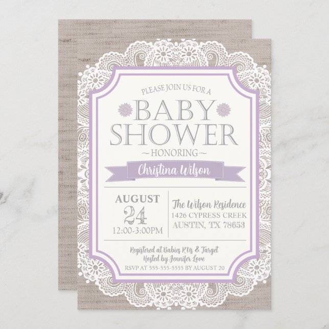 Burlap Purple & Lace Baby Shower Invitation (Front/Back)