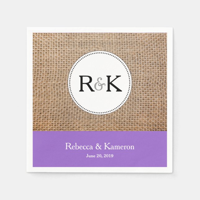 Burlap & Purple Monogrammed Wedding Paper Napkins (Front)