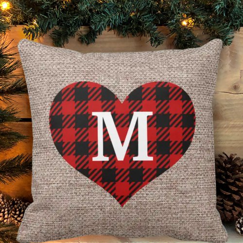 Burlap Red Black Buffalo Plaid Heart Initial Throw Pillow