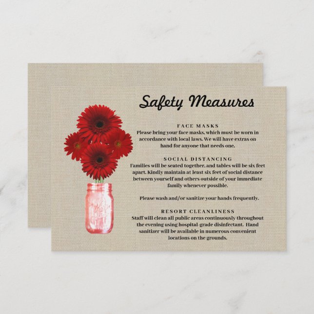 Burlap Red Floral Mason Jar Safety Measures Enclosure Card (Front/Back)
