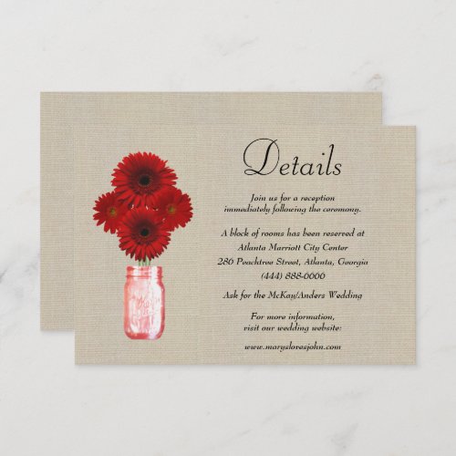 Burlap Red Floral Mason Jar Wedding Details Enclosure Card