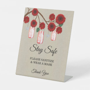 Burlap Red Floral Mason Jar Wedding Safety  Pedestal Sign