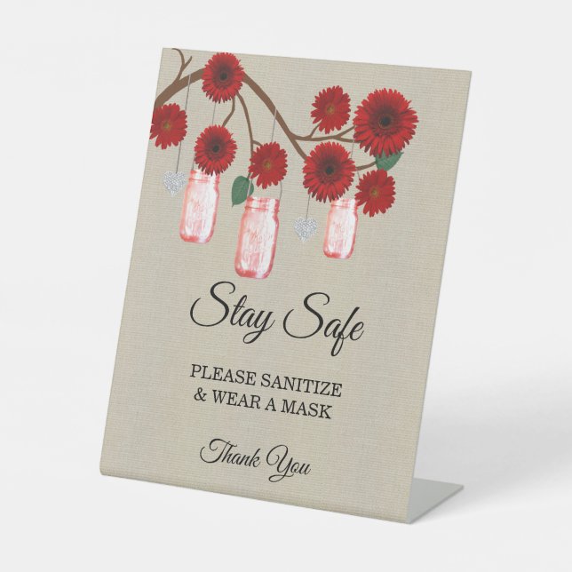 Burlap Red Floral Mason Jar Wedding Safety  Pedestal Sign (Front)
