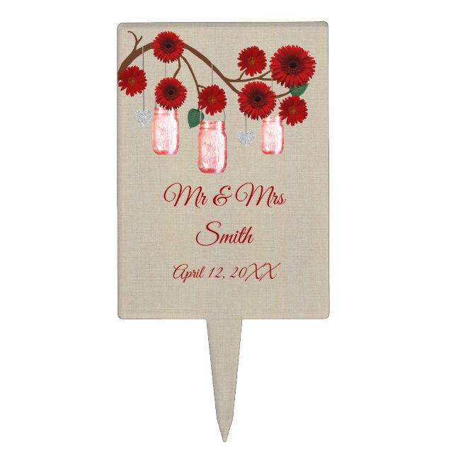 Burlap Red Floral Mason Jars Wedding Cake Topper (Front)
