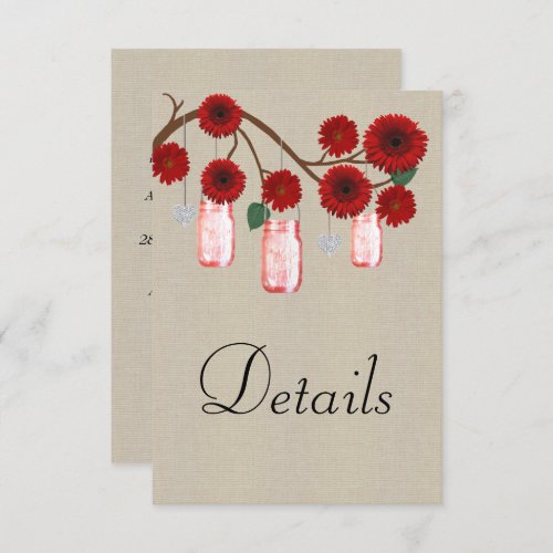 Burlap Red Floral Mason Jars Wedding Details Enclosure Card