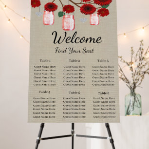 Burlap Red Floral Mason Jars Wedding Seating Chart Foam Board