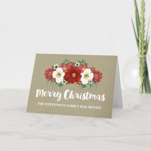 Burlap Red Floral Merry Christmas New Address Holiday Card