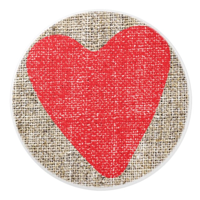 Burlap & Red Heart Cute Country Rustic Dresser Ceramic Knob (Front)