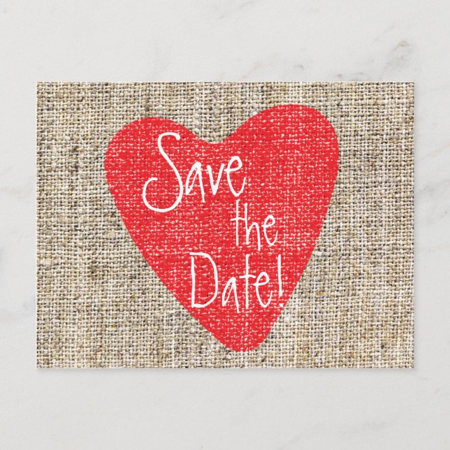 Burlap Red Heart Valentine Wedding Save Postcard (Front)