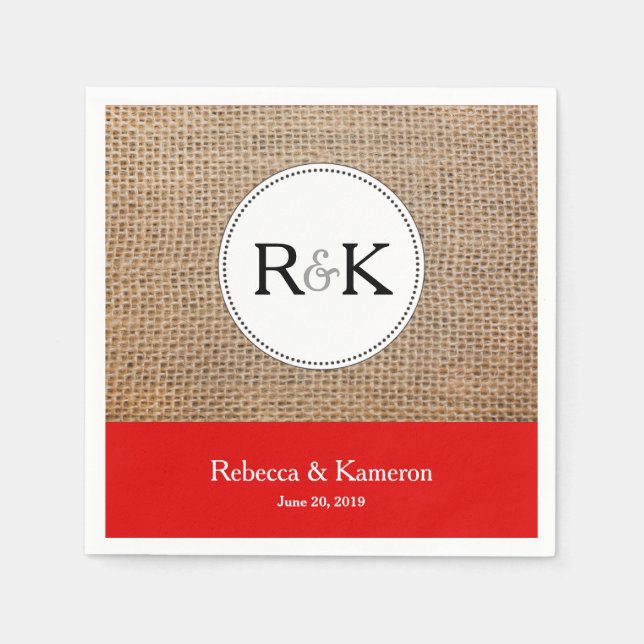 Burlap & Red Monogrammed Wedding Napkins (Front)