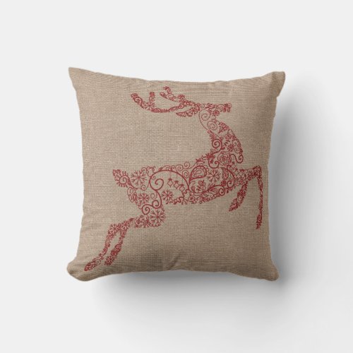 Burlap Red Reindeer Throw Pillow