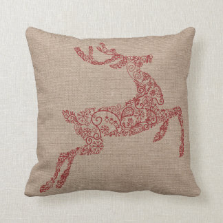 Burlap Red Reindeer Throw Pillow