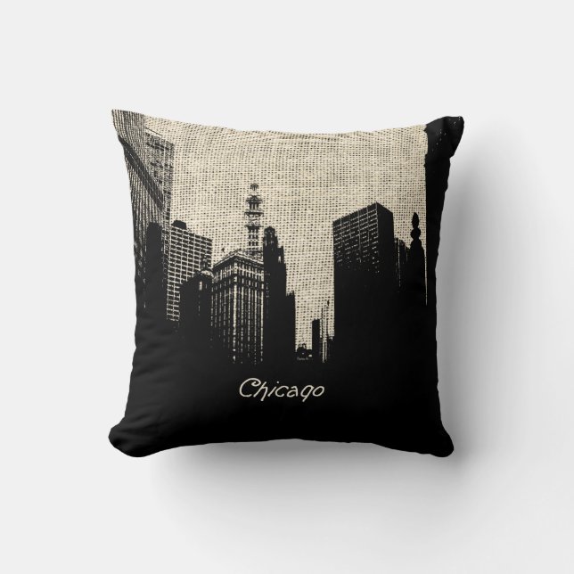 Burlap Retro Chicago Throw Pillow (Front)