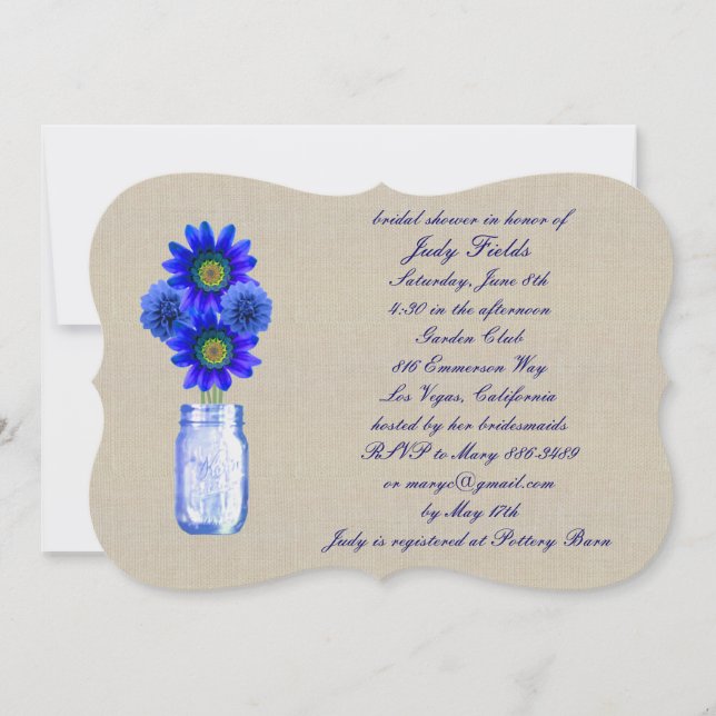 Burlap Rustic Blue Mason Jar Bridal Shower Invite (Front)