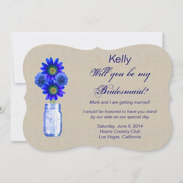Burlap Rustic Blue Mason Jar Bridesmaid Card (Front)