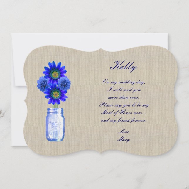 Burlap Rustic Blue Mason Jar Maid Of Honor Card (Front)