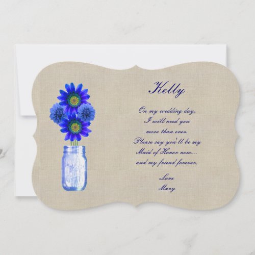 Burlap Rustic Blue Mason Jar Maid Of Honor Card