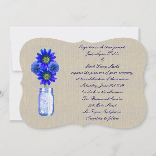 Burlap Rustic Blue Mason Jar Wedding Invitation