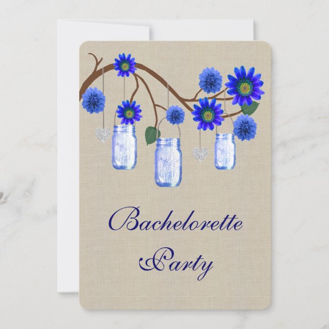 Burlap Rustic Blue Mason Jars Bachelorette Party Invitation (Front)