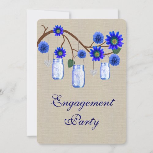 Burlap Rustic Blue Mason Jars Engagement Party Invitation