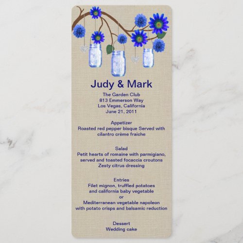 Burlap Rustic Blue Mason Jars Menu Card