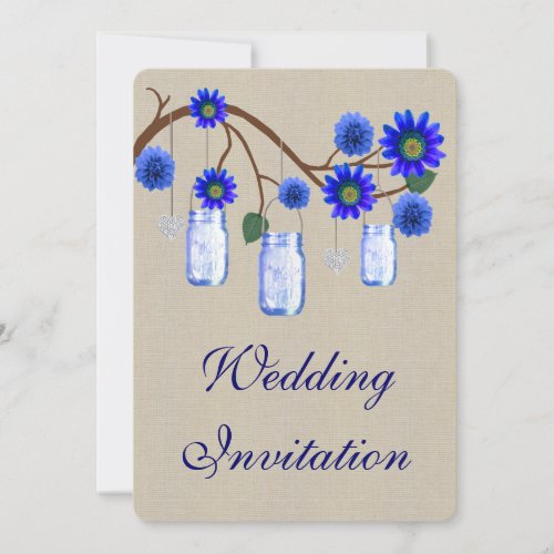 Burlap Rustic Blue Mason Jars Wedding Invitation