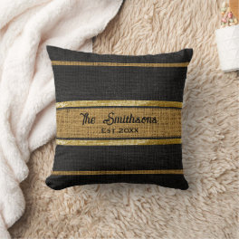 Burlap Rustic Brown Black Gold Custom Family Name Throw Pillow