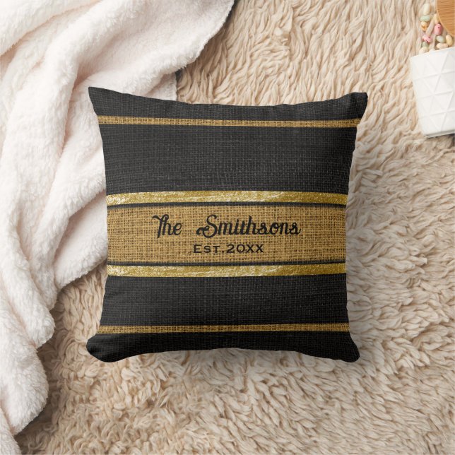  Burlap Rustic Brown Black Gold Custom Family Name Throw Pillow (Blanket)