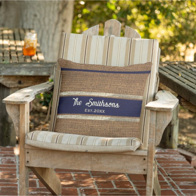   Burlap Rustic Brown Navy Blue Custom Family Name Outdoor Pillow (Chair)