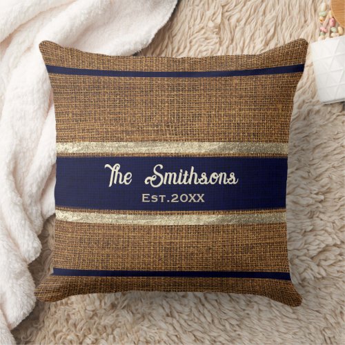   Burlap Rustic Brown Navy Blue Custom Family Name Throw Pillow