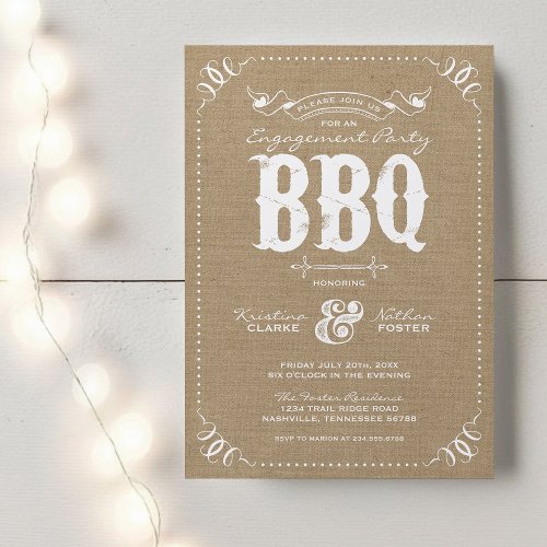 Burlap Rustic Vintage Chic Engagement Party BBQ Invitation