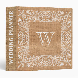 Burlap Rustic Faux Monogram Wedding lace 3 Ring Binder