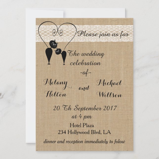 Burlap rustic funny cats in love wedding invitation (Front)