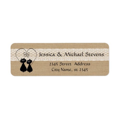 Burlap rustic funny cats in love wedding label