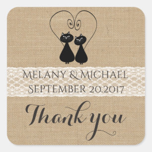 Burlap rustic funny cats in love wedding thank you square sticker