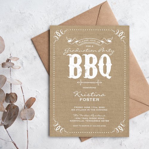 Burlap Rustic Vintage Graduation Party BBQ Personalized Invitation