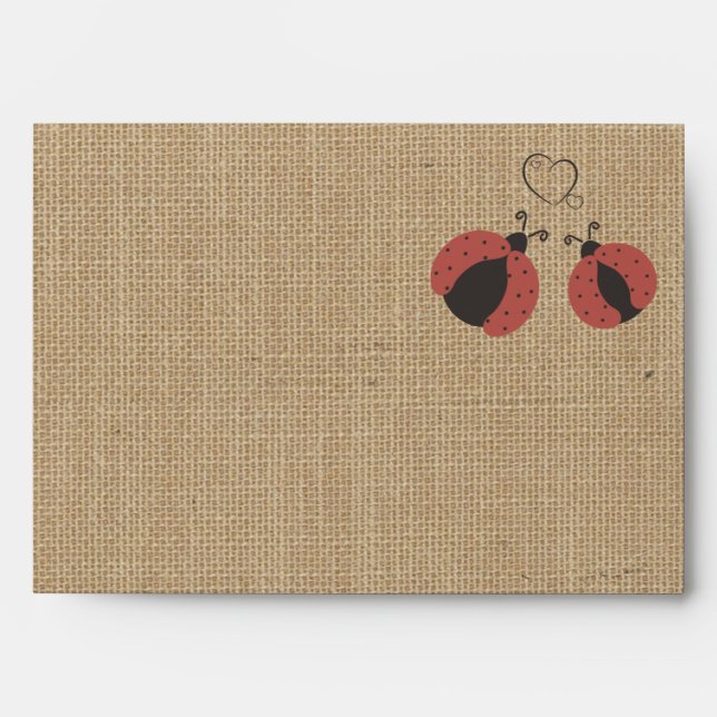 Burlap rustic ladybugs in love wedding envelope (Front)