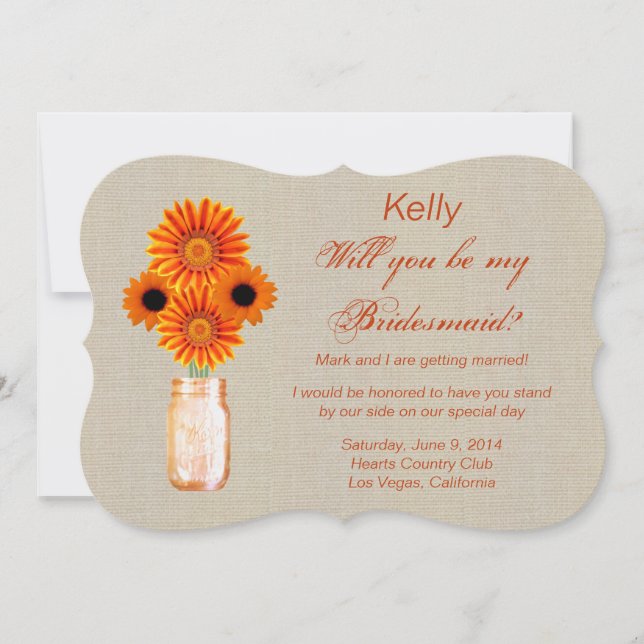 Burlap Rustic Orange Mason Jar Bridesmaid Card (Front)