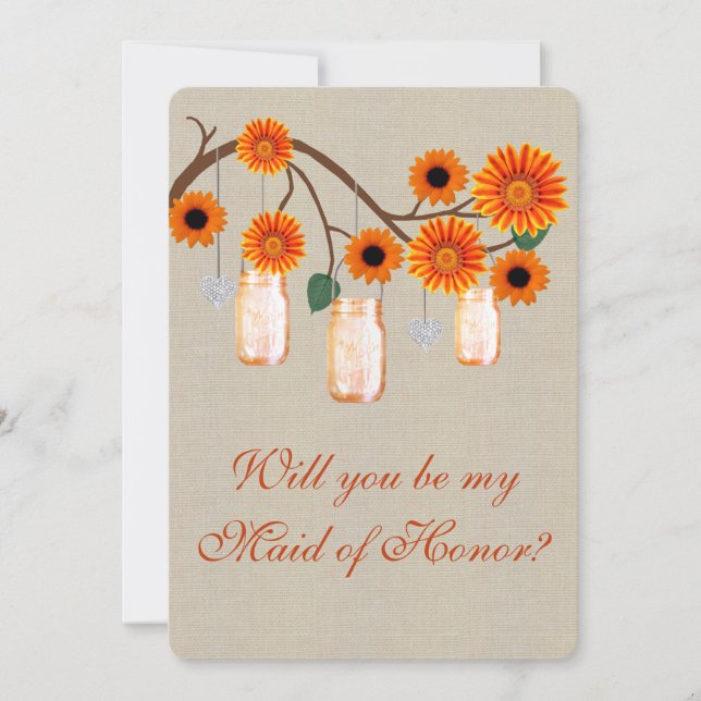 Burlap Rustic Orange Mason Jars Maid Of Honor Card (Front)