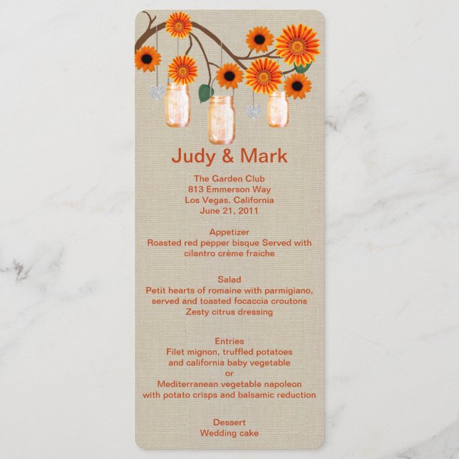 Burlap Rustic Orange Mason Jars Menu Card (Front)